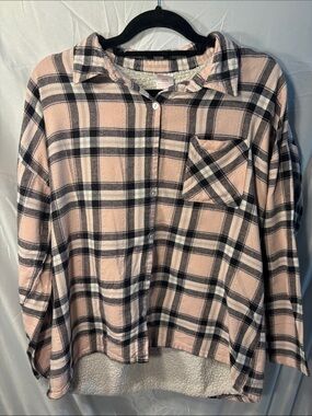NOBO Pink and Black Plaid Sherpa-Lined Button Shirt